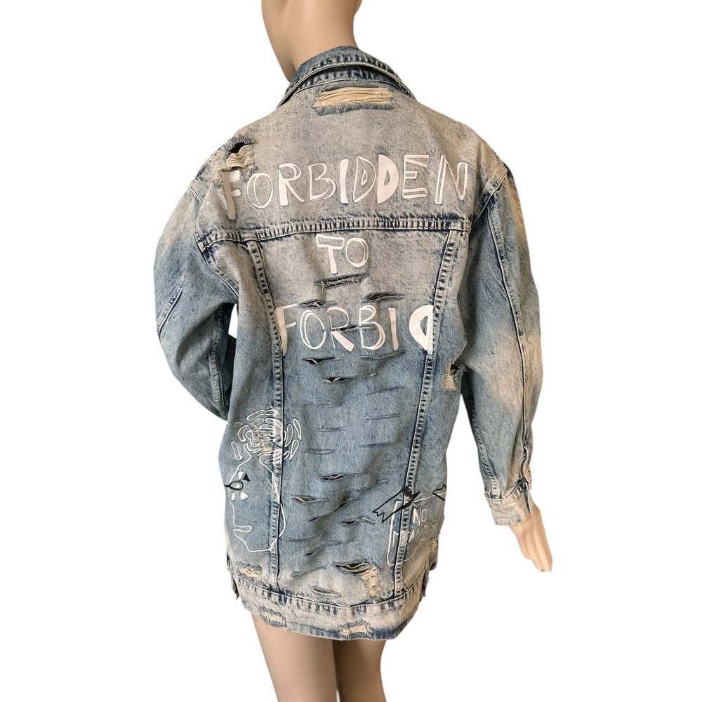 Jella C. Denim Jean Jacket Distressed Rips Graphic‎ Words Symbols Women's Small